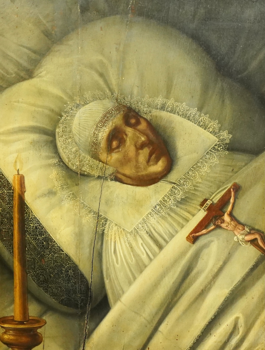 17th century Flemish School , Death bed portrait with crucifix and candle, oil on panel, 68 x 53cm